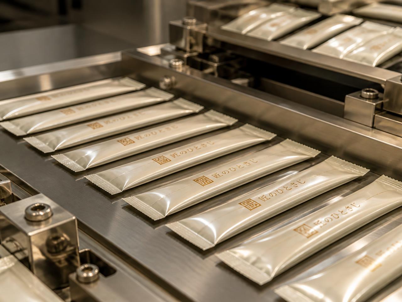 AMU Diet Coffee sticks, coffee beans and green tea leaves arranged on a Japanese work surface